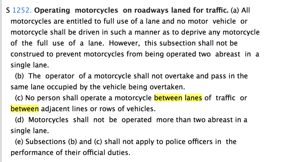 The NYS Motorcycle on roadways law text explaining why it is illegal to ride on the white line