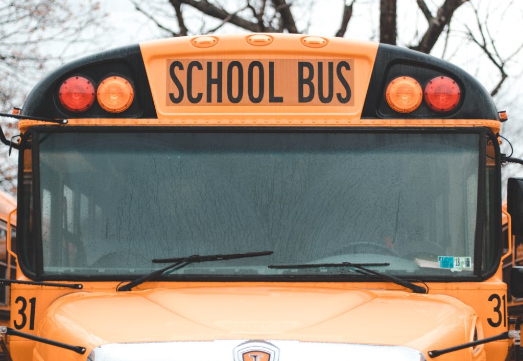 Picture of the front of a school bus on the 1st day of School